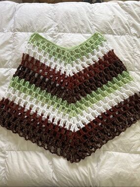 Handmade Striped Crochet V-Neck Poncho Sweater in Green, White & Brown